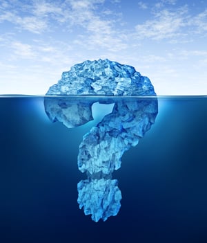 A question mark–shaped iceberg to illustrate questions around the depth of an IP due diligence investigation
